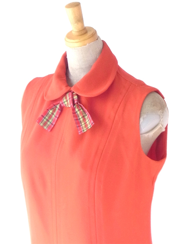 ヨーロッパ古着 ロンドン買い付け 70年代製 レッド X タータンチェック リボン プリーツ ワンピース 22OM300