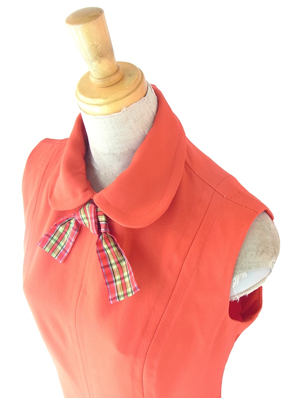 ヨーロッパ古着 ロンドン買い付け 70年代製 レッド X タータンチェック リボン プリーツ ワンピース 22OM300