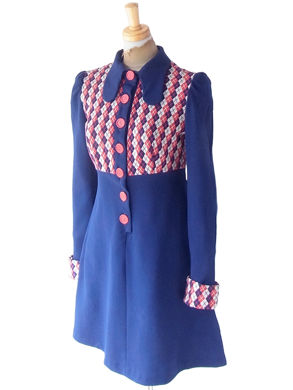 ヨーロッパ古着 ロンドン買い付け 70年代製 ロイヤルブルー X レッド アーガイル ヴィンテージ ワンピース 22OM302