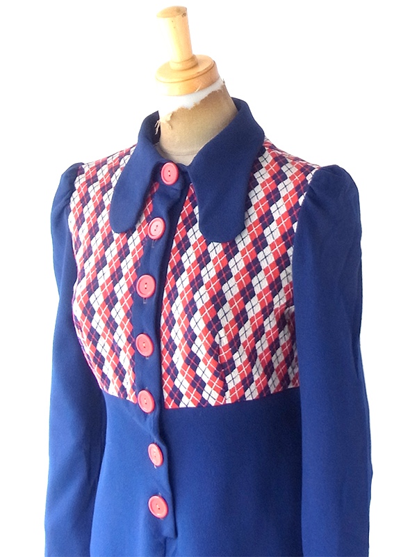 ヨーロッパ古着 ロンドン買い付け 70年代製 ロイヤルブルー X レッド アーガイル ヴィンテージ ワンピース 22OM302