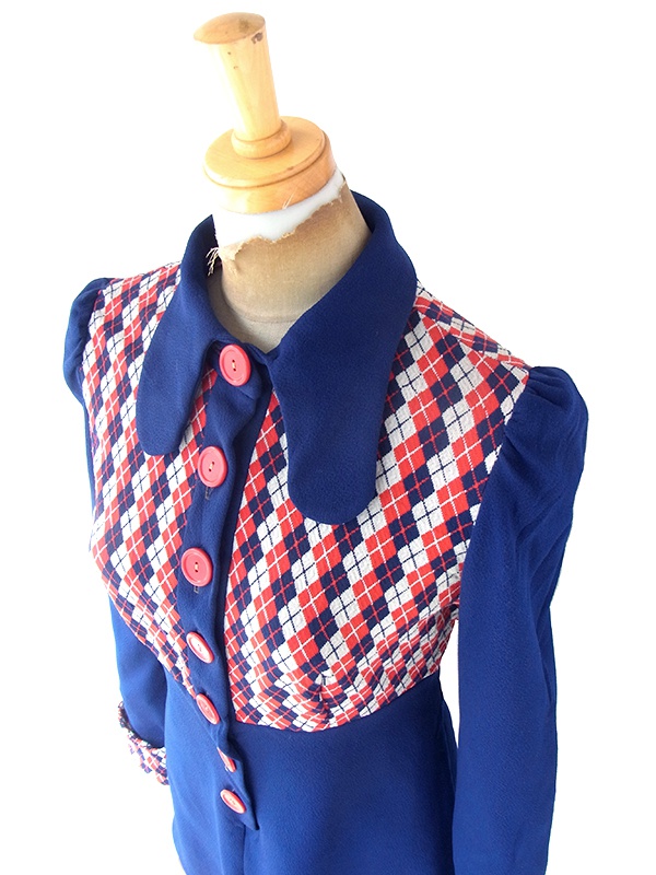 ヨーロッパ古着 ロンドン買い付け 70年代製 ロイヤルブルー X レッド アーガイル ヴィンテージ ワンピース 22OM302