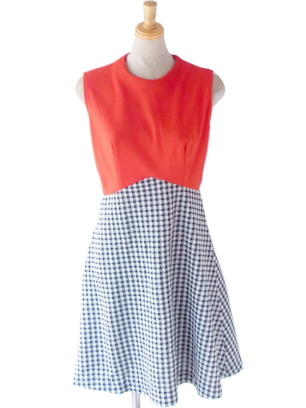 ヨーロッパ古着 ロンドン買い付け 70年代製 レッド X モノトーン シェパードチェック 切り返し ヴィンテージ ワンピース 22OM303