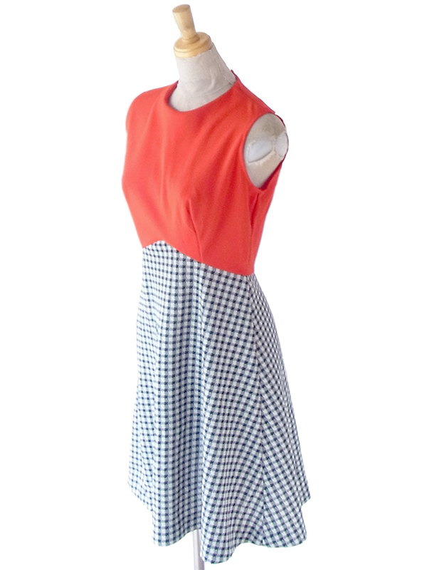 ヨーロッパ古着 ロンドン買い付け 70年代製 レッド X モノトーン シェパードチェック 切り返し ヴィンテージ ワンピース 22OM303