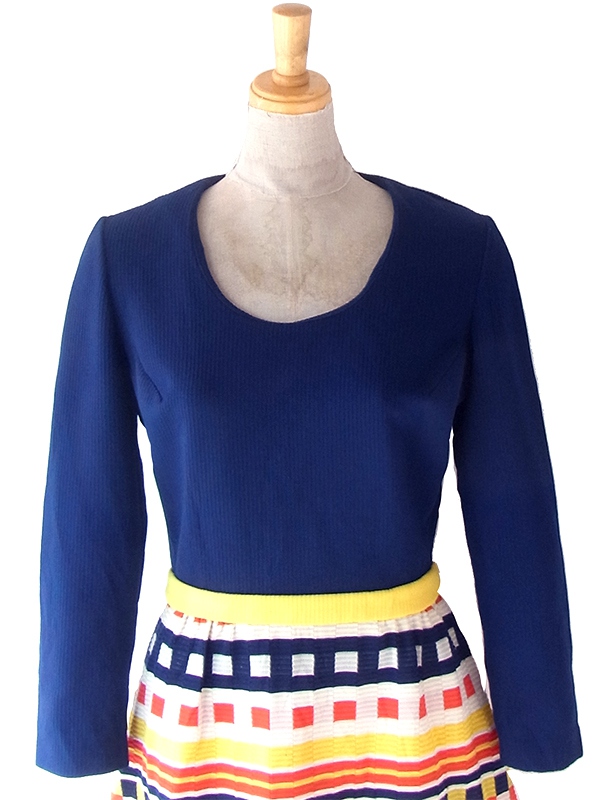 ヨーロッパ古着 ロンドン買い付け 70年代製 ネイビー X カラフル レトロ柄 ヴィンテージ ロング ワンピース22OM307