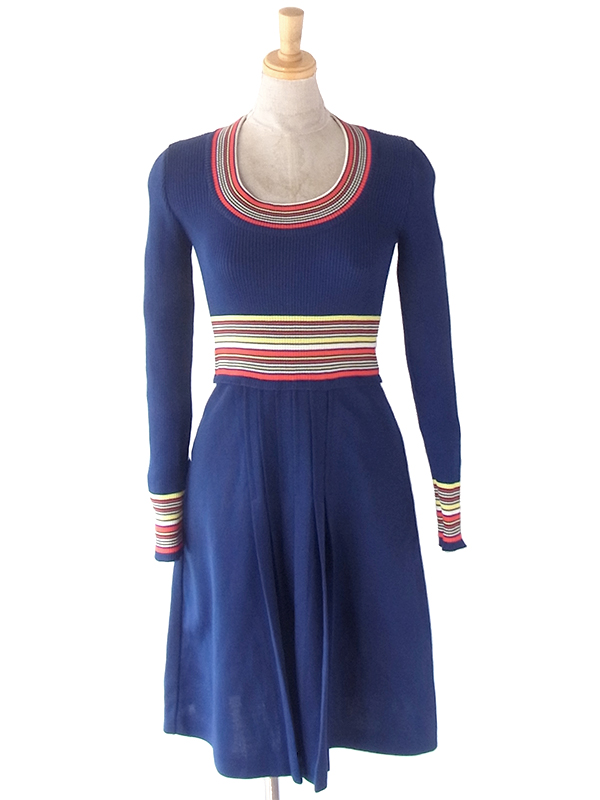 ヨーロッパ古着 ロンドン買い付け 70年代製 ネイビー X カラフル ストライプ 生地切替し ヴィンテージワンピース 22OM309