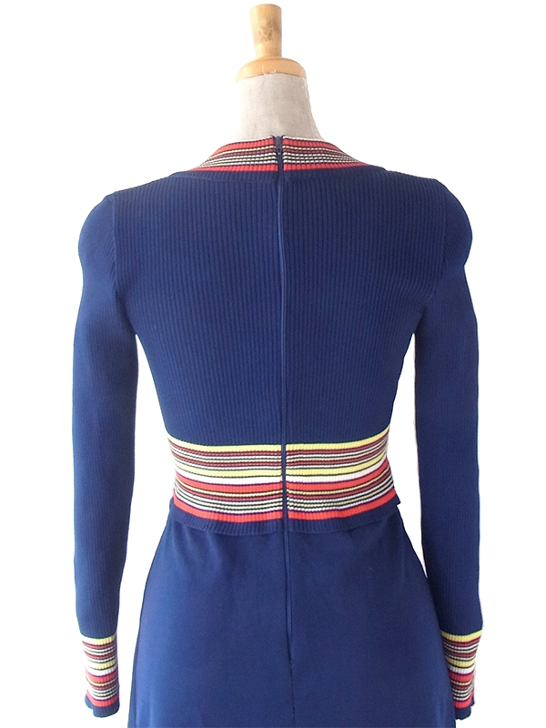 ヨーロッパ古着 ロンドン買い付け 70年代製 ネイビー X カラフル ストライプ 生地切替し ヴィンテージワンピース 22OM309