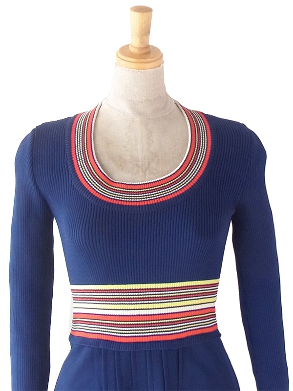 ヨーロッパ古着 ロンドン買い付け 70年代製 ネイビー X カラフル ストライプ 生地切替し ヴィンテージワンピース 22OM309
