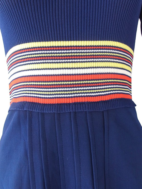 ヨーロッパ古着 ロンドン買い付け 70年代製 ネイビー X カラフル ストライプ 生地切替し ヴィンテージワンピース 22OM309