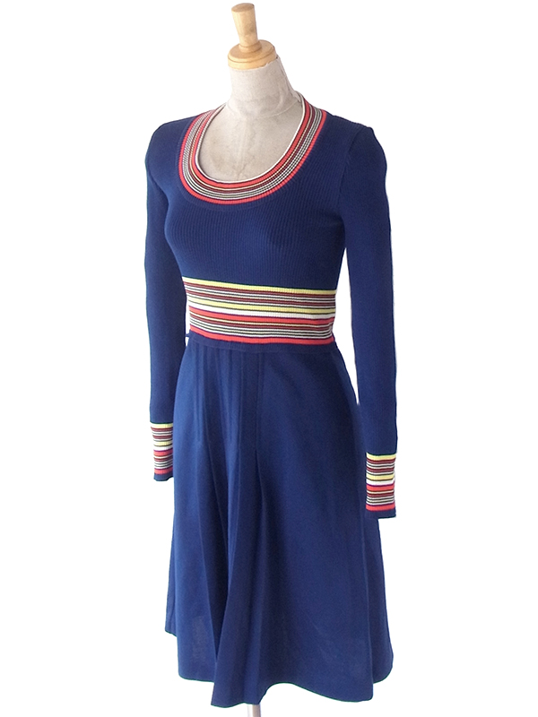 ヨーロッパ古着 ロンドン買い付け 70年代製 ネイビー X カラフル ストライプ 生地切替し ヴィンテージワンピース 22OM309