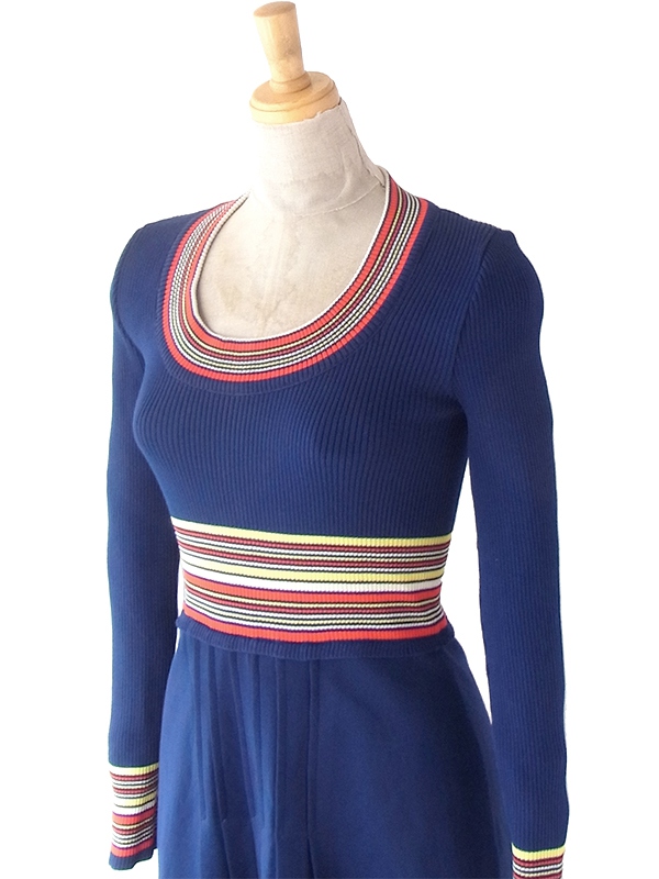 ヨーロッパ古着 ロンドン買い付け 70年代製 ネイビー X カラフル ストライプ 生地切替し ヴィンテージワンピース 22OM309