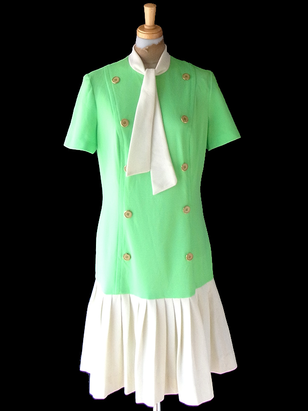 ヨーロッパ古着 ロンドン買い付け 70年代製 ライムグリーン X ホワイト ボウタイ ドロップウェスト ワンピース 22OM310