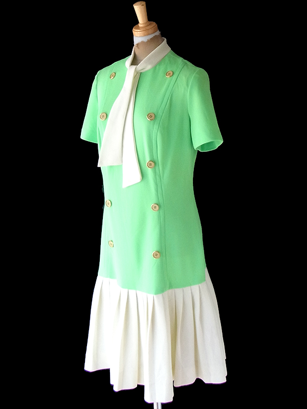 ヨーロッパ古着 ロンドン買い付け 70年代製 ライムグリーン X ホワイト ボウタイ ドロップウェスト ワンピース 22OM310