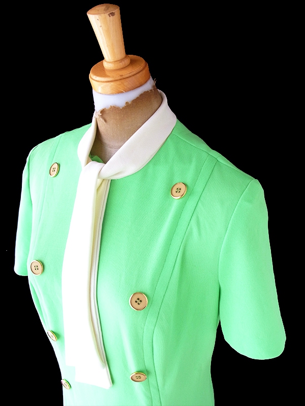 ヨーロッパ古着 ロンドン買い付け 70年代製 ライムグリーン X ホワイト ボウタイ ドロップウェスト ワンピース 22OM310