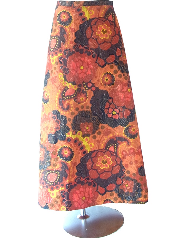 ヨーロッパ古着 ロンドン買い付け 70年代製 オレンジ X 花柄 ゴールド ラメ糸織り ロング スカート 23BS007