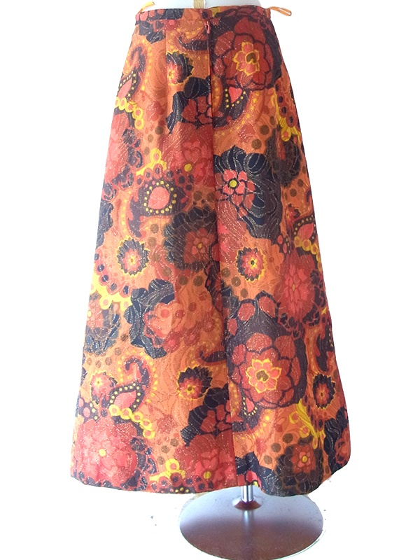 ヨーロッパ古着 ロンドン買い付け 70年代製 オレンジ X 花柄 ゴールド ラメ糸織り ロング スカート 23BS007