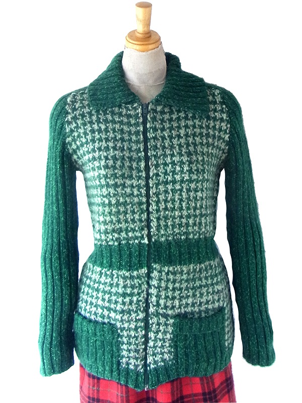 ヨーロッパ古着 ロンドン買い付け 60年代製 グリーン X フロントジップ ポケット付き ウールニット セーター 23BS013
