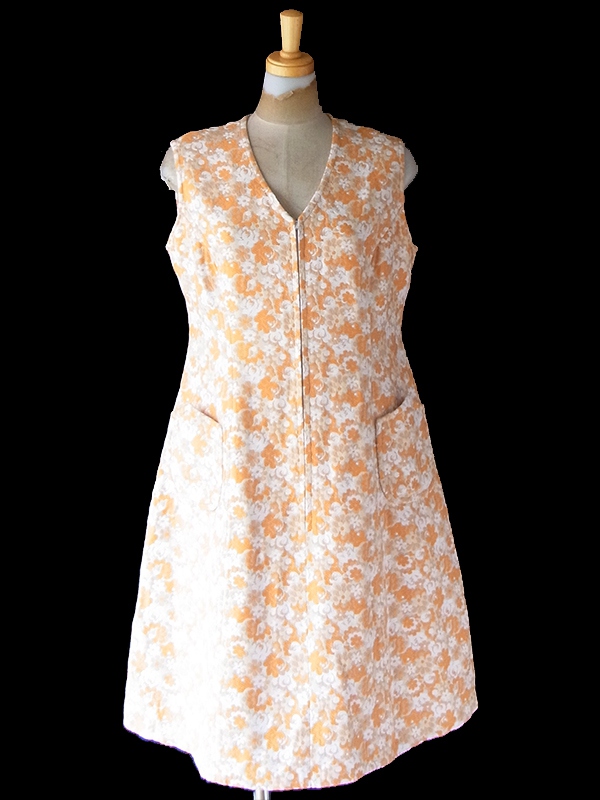 ヨーロッパ古着 フランス買い付け 60年代製 ライトベージュ X オレンジ・ホワイト 花柄織り ワンピース 23FC002