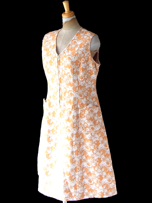 ヨーロッパ古着 フランス買い付け 60年代製 ライトベージュ X オレンジ・ホワイト 花柄織り ワンピース 23FC002