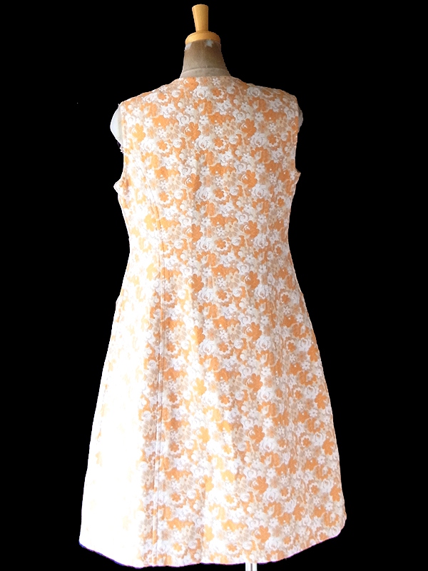 ヨーロッパ古着 フランス買い付け 60年代製 ライトベージュ X オレンジ・ホワイト 花柄織り ワンピース 23FC002