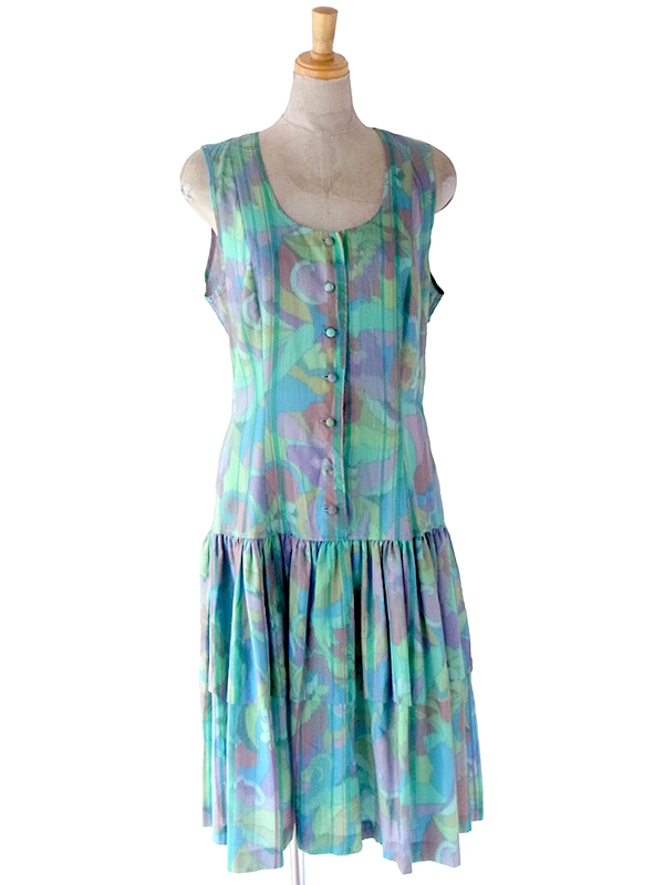 ヨーロッパ古着 フランス製 Christine Laure 水色 X 水彩の様な花がら ティアード ワンピース 23FC009