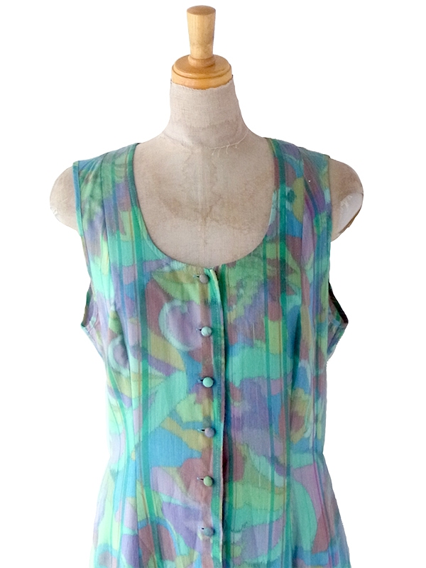 ヨーロッパ古着 フランス製 Christine Laure 水色 X 水彩の様な花がら ティアード ワンピース 23FC009