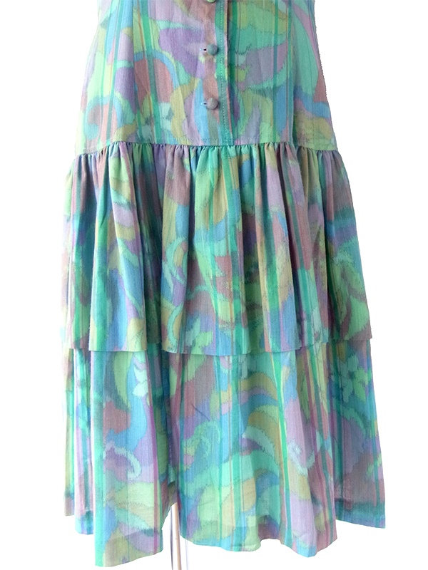 ヨーロッパ古着 フランス製 Christine Laure 水色 X 水彩の様な花がら ティアード ワンピース 23FC009