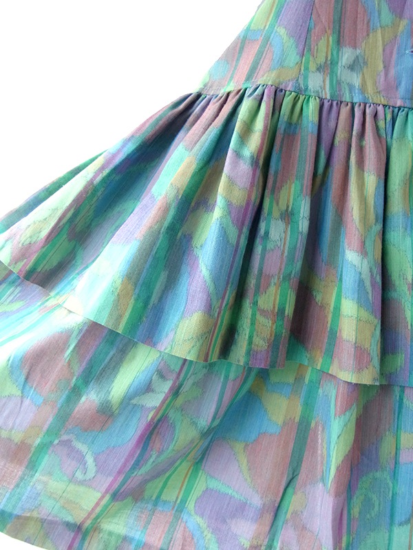 ヨーロッパ古着 フランス製 Christine Laure 水色 X 水彩の様な花がら ティアード ワンピース 23FC009