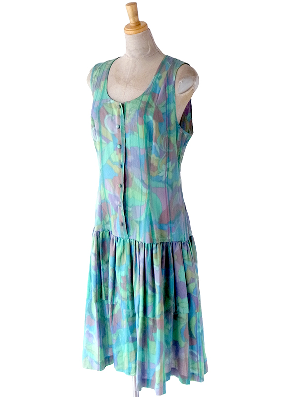 ヨーロッパ古着 フランス製 Christine Laure 水色 X 水彩の様な花がら ティアード ワンピース 23FC009