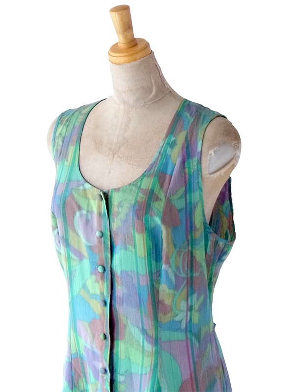 ヨーロッパ古着 フランス製 Christine Laure 水色 X 水彩の様な花がら ティアード ワンピース 23FC009