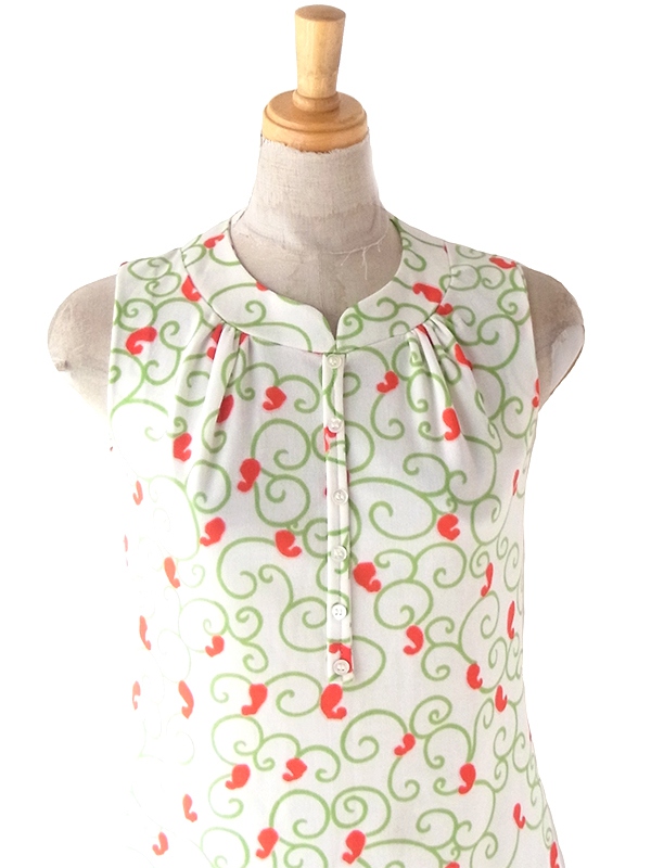 ヨーロッパ古着 フランス買い付け 70年代製 ホワイト X レッド・グリーン・ブルー レトロ柄 ワンピース 23FC013