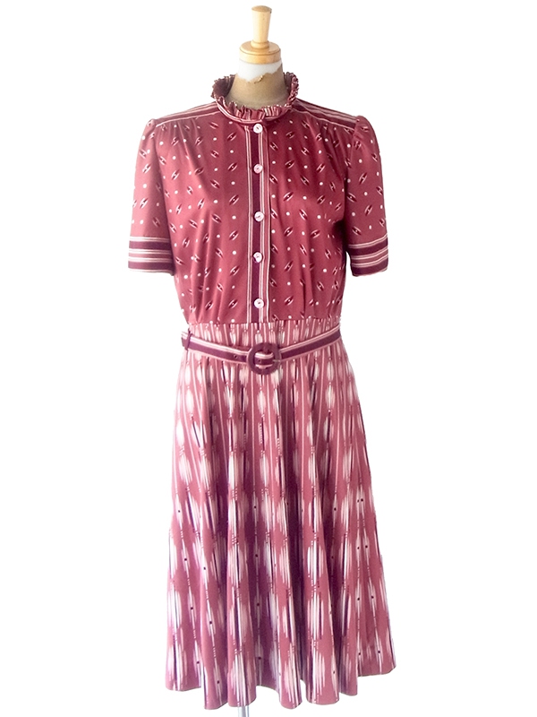 送料無料】フランス買付け 70年代製 バーガンディー X レトロ柄 ベルト