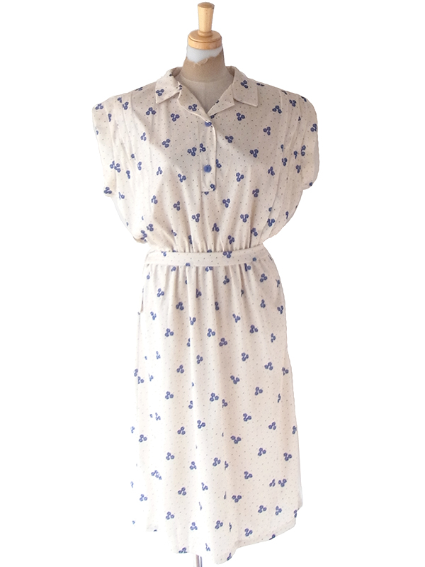 ヨーロッパ古着 70年代フランス製 アイボリー X ブルー ドット・花柄 ヴィンテージ ワンピース 23FC019
