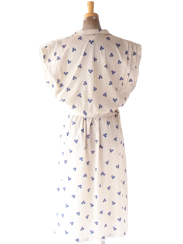 ヨーロッパ古着 70年代フランス製 アイボリー X ブルー ドット・花柄 ヴィンテージ ワンピース 23FC019