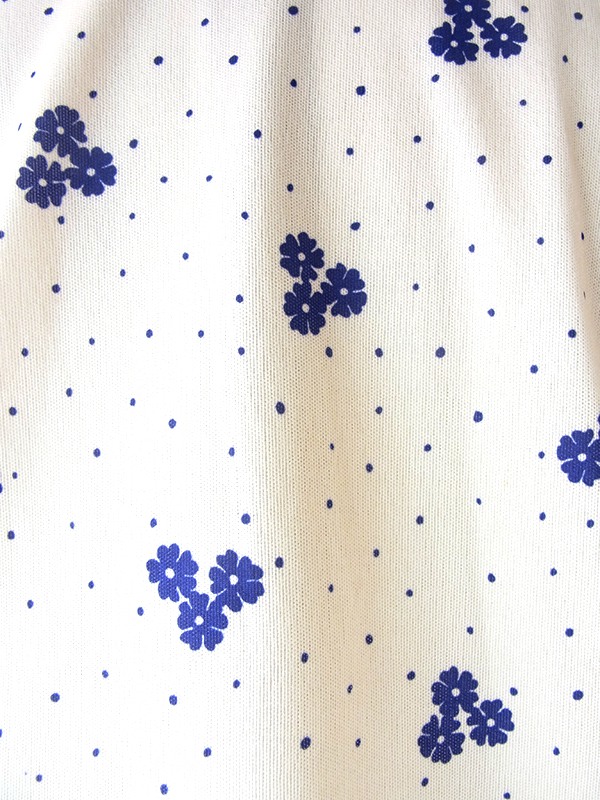ヨーロッパ古着 70年代フランス製 アイボリー X ブルー ドット・花柄 ヴィンテージ ワンピース 23FC019
