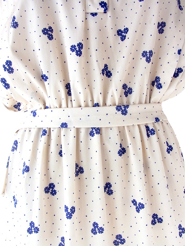 ヨーロッパ古着 70年代フランス製 アイボリー X ブルー ドット・花柄 ヴィンテージ ワンピース 23FC019