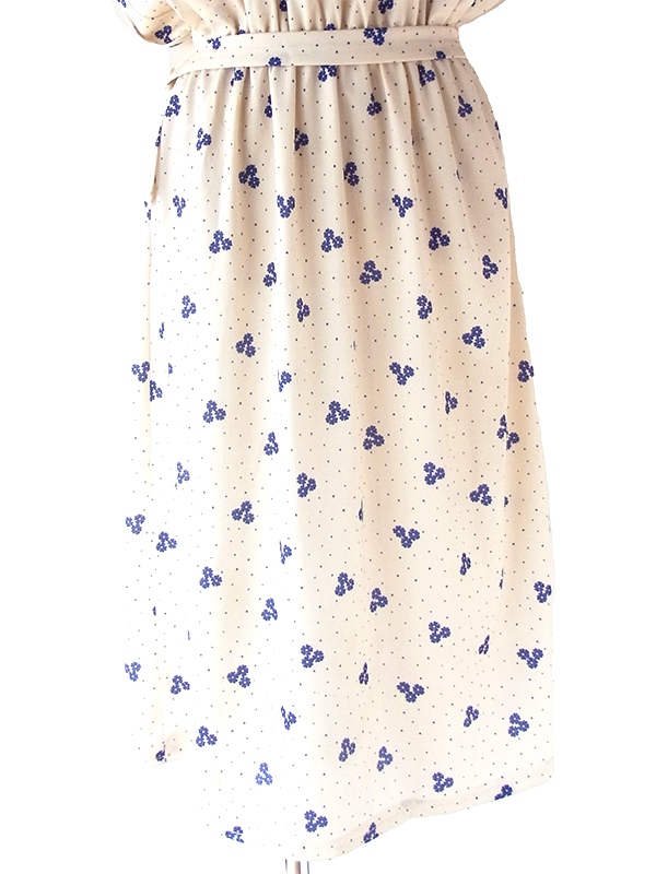 ヨーロッパ古着 70年代フランス製 アイボリー X ブルー ドット・花柄 ヴィンテージ ワンピース 23FC019