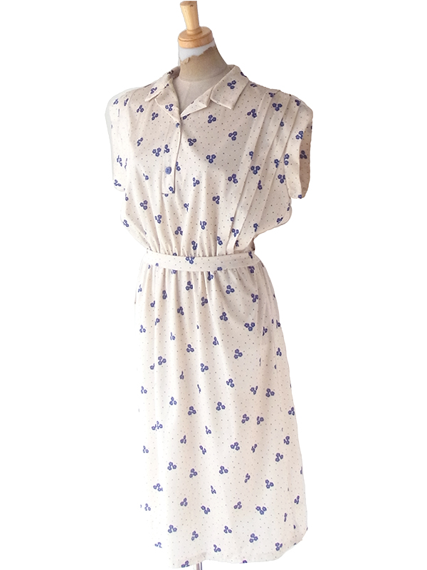 ヨーロッパ古着 70年代フランス製 アイボリー X ブルー ドット・花柄 ヴィンテージ ワンピース 23FC019