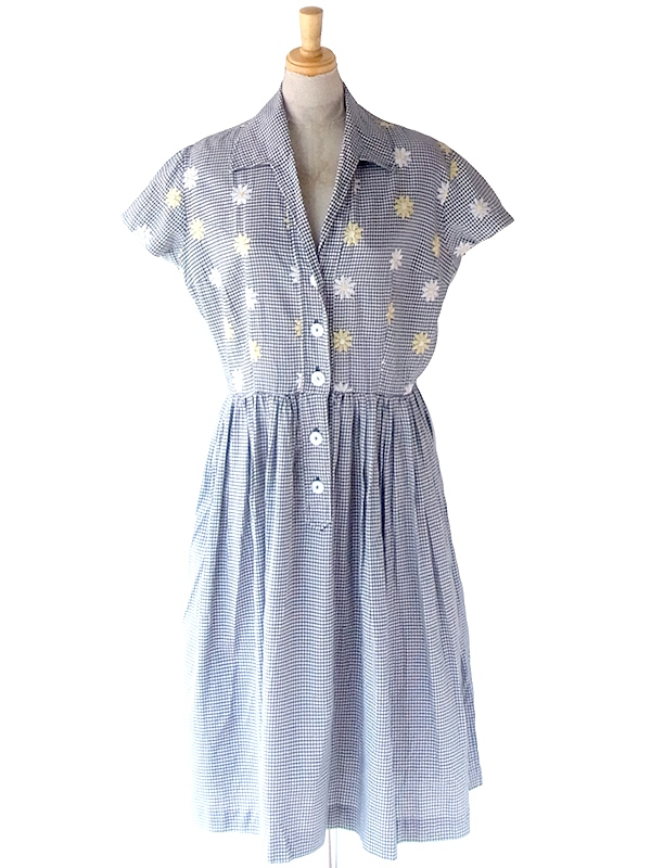 ヨーロッパ古着 フランス買い付け 60年代製 ギンガムチェック X ホワイト・イエロー 花柄刺繍 ヴィンテージ ワンピース 23FC020