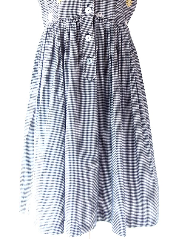 ヨーロッパ古着 フランス買い付け 60年代製 ギンガムチェック X ホワイト・イエロー 花柄刺繍 ヴィンテージ ワンピース 23FC020