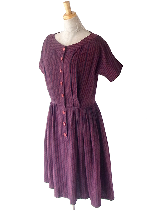 ヨーロッパ古着 70年代フランス製 レッド X ブラック レトロ柄 ヴィンテージ ワンピース 23FC100