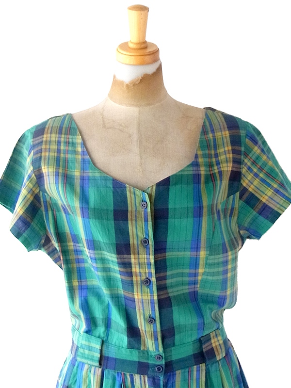 ヨーロッパ古着 フランス買い付け 60年代製 グリーン X マドラスチェック ヴィンテージ キュロット ワンピース 23FC110