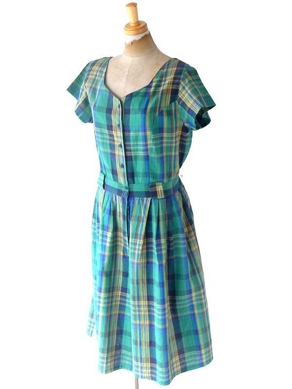 ヨーロッパ古着 フランス買い付け 60年代製 グリーン X マドラスチェック ヴィンテージ キュロット ワンピース 23FC110