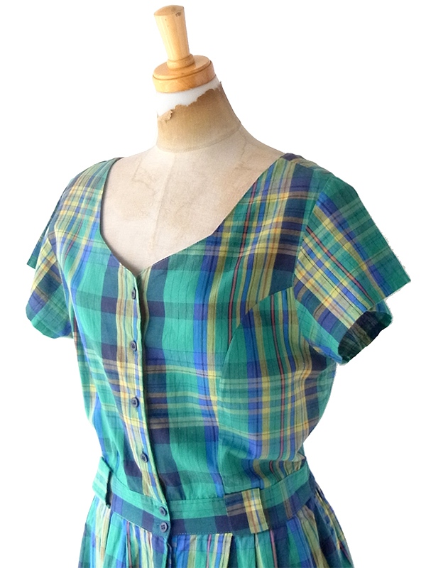 ヨーロッパ古着 フランス買い付け 60年代製 グリーン X マドラスチェック ヴィンテージ キュロット ワンピース 23FC110