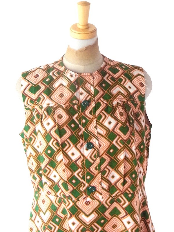 ヨーロッパ古着 フランス買い付け 60年代製 グリーン X オレンジ レトロ柄 ヴィンテージ ワンピース 23FC111