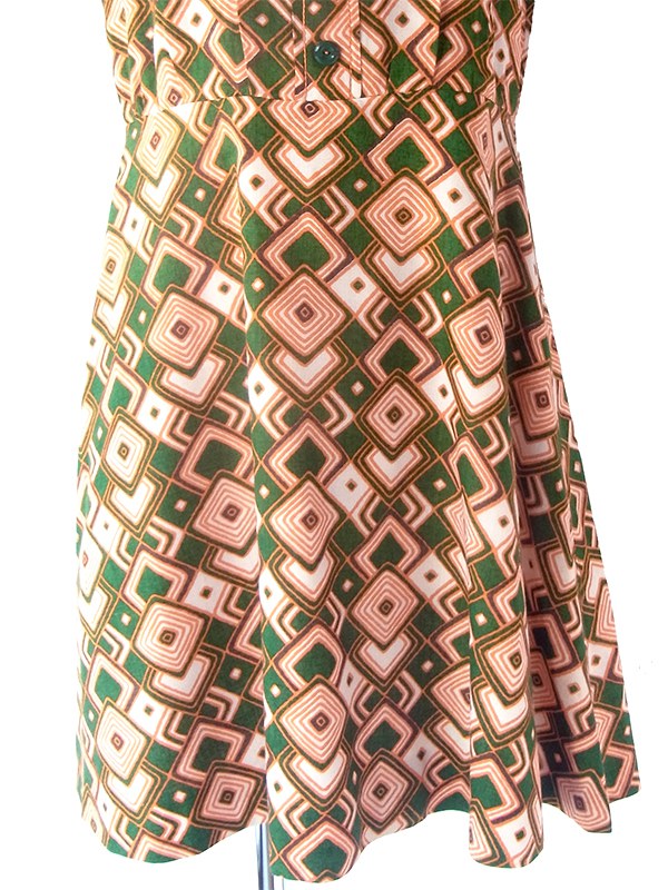ヨーロッパ古着 フランス買い付け 60年代製 グリーン X オレンジ レトロ柄 ヴィンテージ ワンピース 23FC111