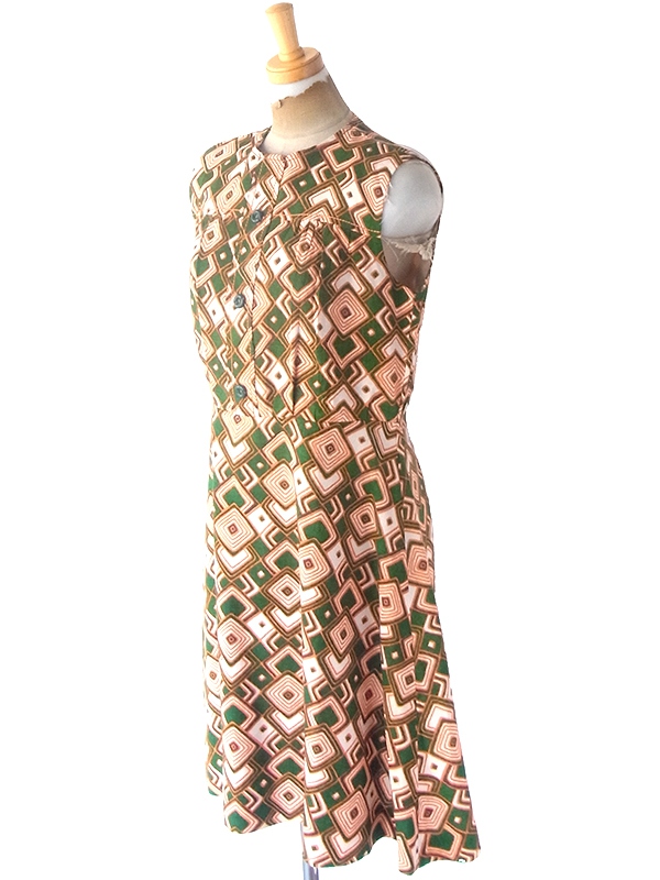 ヨーロッパ古着 フランス買い付け 60年代製 グリーン X オレンジ レトロ柄 ヴィンテージ ワンピース 23FC111