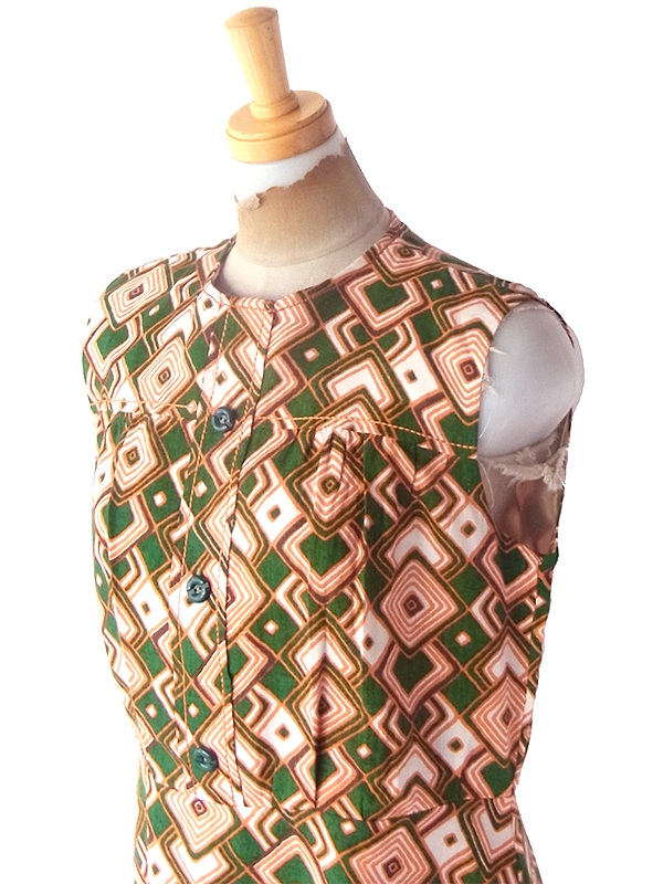 ヨーロッパ古着 フランス買い付け 60年代製 グリーン X オレンジ レトロ柄 ヴィンテージ ワンピース 23FC111