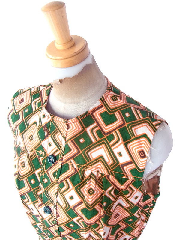 ヨーロッパ古着 フランス買い付け 60年代製 グリーン X オレンジ レトロ柄 ヴィンテージ ワンピース 23FC111