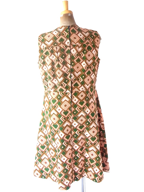 ヨーロッパ古着 フランス買い付け 60年代製 グリーン X オレンジ レトロ柄 ヴィンテージ ワンピース 23FC111