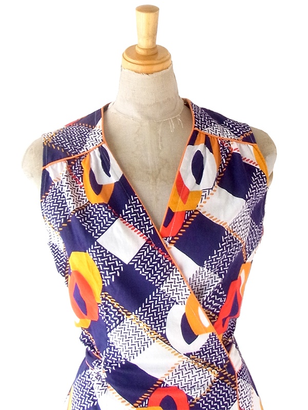 ヨーロッパ古着 60年代フランス製 ネイビー X オレンジ ヴィンテージ 巻きワンピース 23FC120